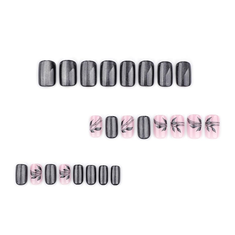 CTTHNBD Medium Press on Nails Square - Black Fake Nails with Leaf Design - Glitter Glossy Full Cover Stick on False Nails - for Women Fall Manicure 24 Pcs - Image 2